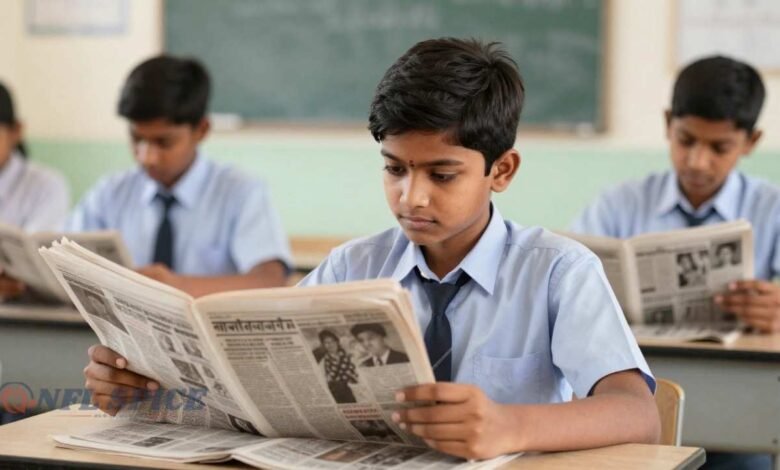 स्कूल में बच्चे अखबार पढ़ते हुए
