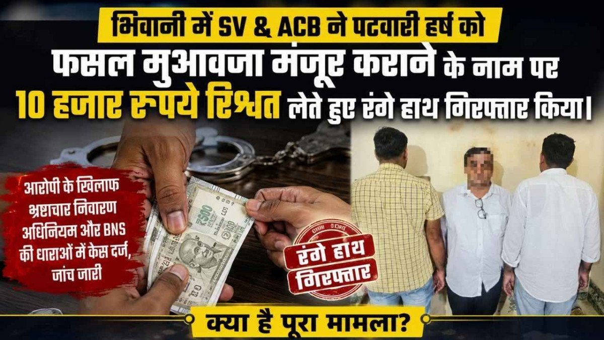 Haryana News: फसल मुआवजा पास कराने के नाम पर रिश्वत ले रहा पटवारी गिरफ्तार, ACB की ट्रैप कार्रवाई सफल