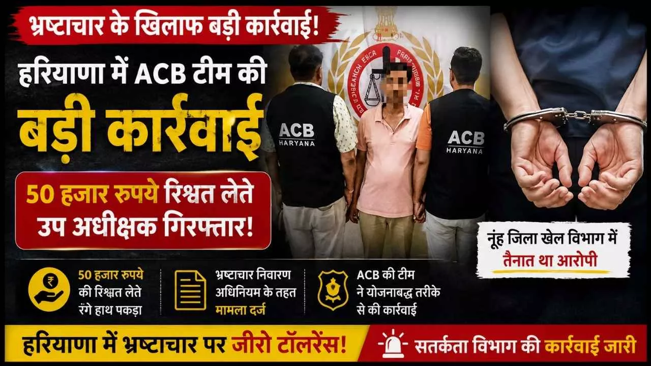 Haryana News: नूंह में खेल विभाग का उप अधीक्षक 50 हजार की रिश्वत लेते गिरफ्तार 1 Haryana News नूंह में खेल विभाग का उप अधीक्षक 50 हजार की रिश्वत लेते गिरफ्तार